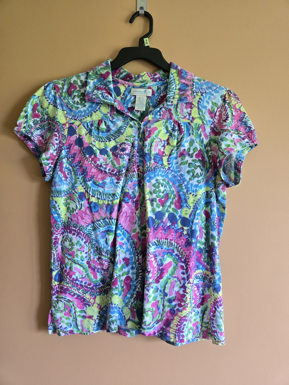 Caribbean Joe Multicolor Abstract Printed Button-Up Top PTP=19.5"